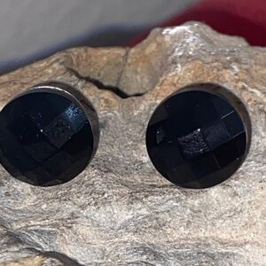 Vintage 80s Black Faceted Glass Stud Post Pierced Earrings